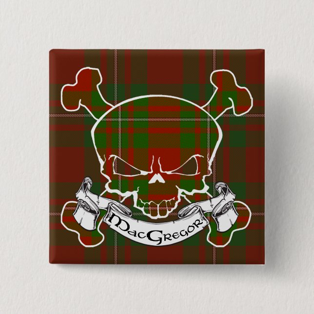 Bóton Quadrado 5.08cm Crânio do Tartan de MacGregor (Frente)