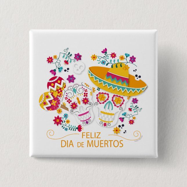 Bóton Quadrado 5.08cm Crânios e flores de açúcar de festa (Frente)