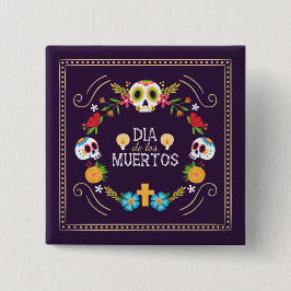 Bóton Quadrado 5.08cm Crânios Florais Coloridos Dia de Muertos | Botao