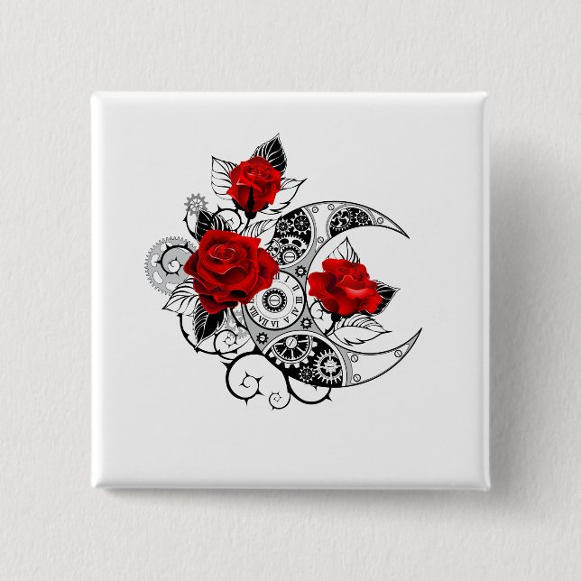 Bóton Quadrado 5.08cm Crescente Mecânico com Rosas Vermelhas (Frente)