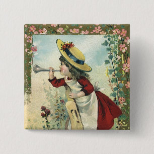 Bóton Quadrado 5.08cm Criança Vitoriana Antiga, Menina Tocando Corneta e