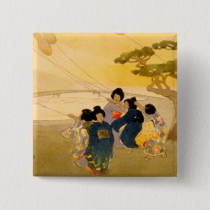 Bóton Quadrado 5.08cm Crianças Japonesas Voando pipas - Bertha Lum - 191