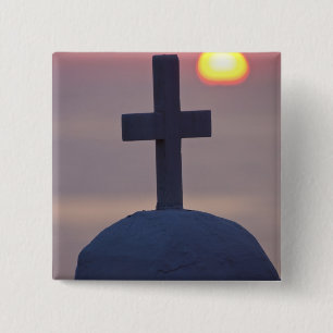 Bóton Quadrado 5.08cm Cruz no topo da igreja ao pôr do sol, Mykonos,