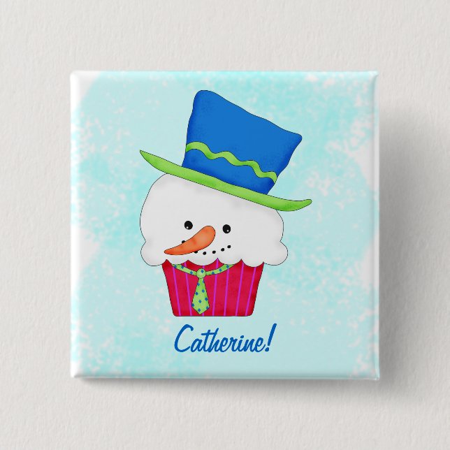 Bóton Quadrado 5.08cm Cupcake do Snowman de Natal Personalizado Crachá (Frente)