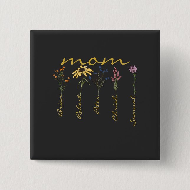 Bóton Quadrado 5.08cm Customized mom children name flower (Frente)