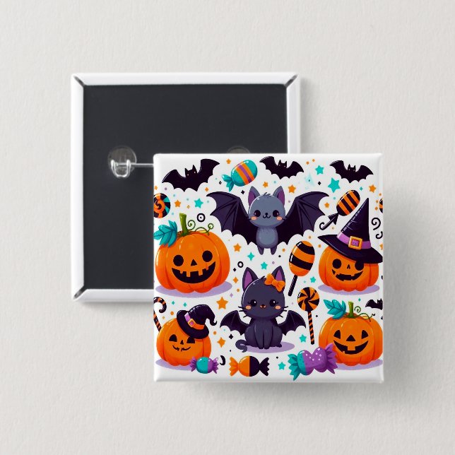 Bóton Quadrado 5.08cm Cute cat bat halloween party (Frente & Verso)
