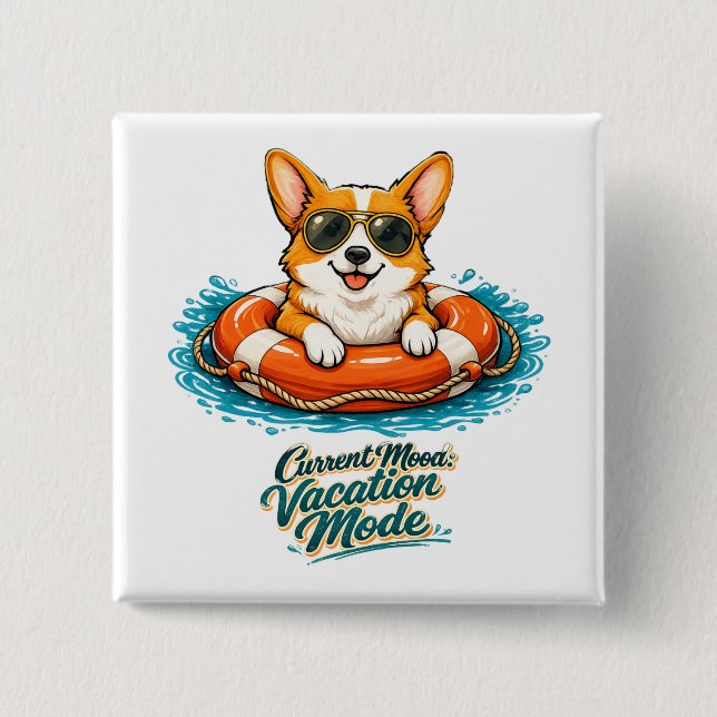 Bóton Quadrado 5.08cm Cute Corgi "Vacation Mode" Summer Design (Frente)