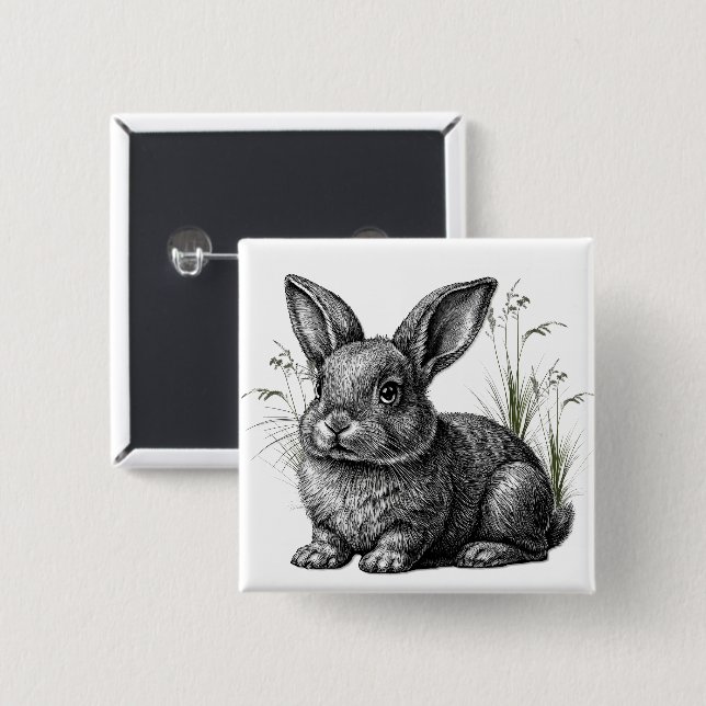 Bóton Quadrado 5.08cm Cute Gray Rabbit Among the Grass (Frente & Verso)