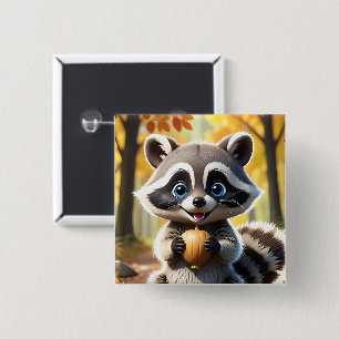 Bóton Quadrado 5.08cm Cute Kawaii style Racoon segurando uma bolota