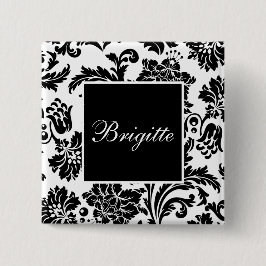 Bóton Quadrado 5.08cm Damasco preto e branco