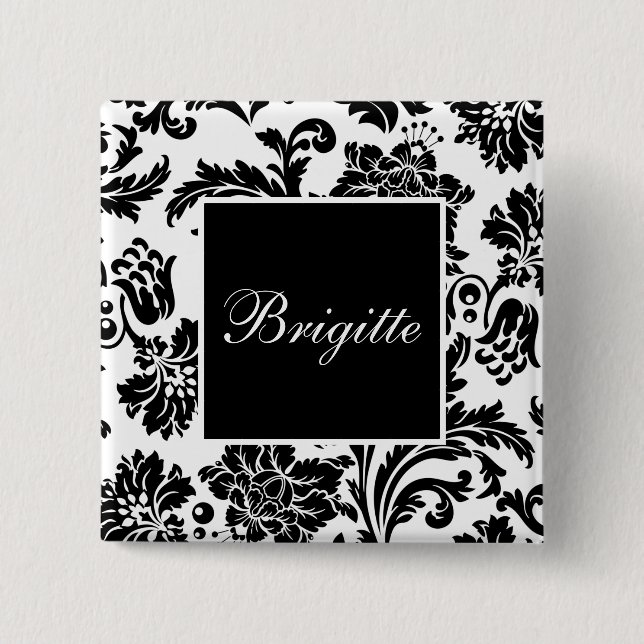 Bóton Quadrado 5.08cm Damasco preto e branco (Frente)