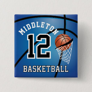 Bóton Quadrado 5.08cm 🏀 de basquete azul e Hoop DIY Texto