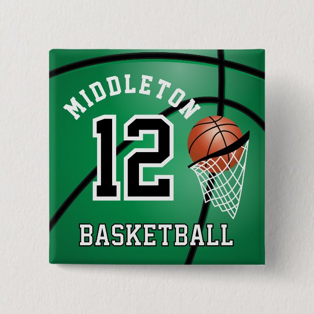 Bóton Quadrado 5.08cm 🏀 de Basquete Verde e Hoop | DIY Texto (Frente)