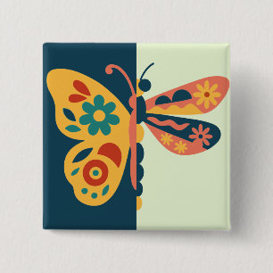 Bóton Quadrado 5.08cm Decoração de borboleta colorida com elementos flor