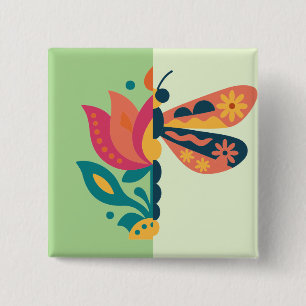 Bóton Quadrado 5.08cm Decoração de borboleta colorida com elementos flor