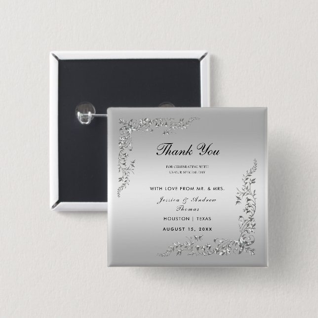 Bóton Quadrado 5.08cm Decoração de Casamento Prata (Frente & Verso)