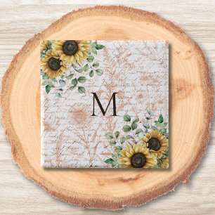 Bóton Quadrado 5.08cm Decoupage de Girassol Rústico Vintage Monogramado