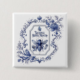 Bóton Quadrado 5.08cm Delft Blue Honey Bee & Flowers
