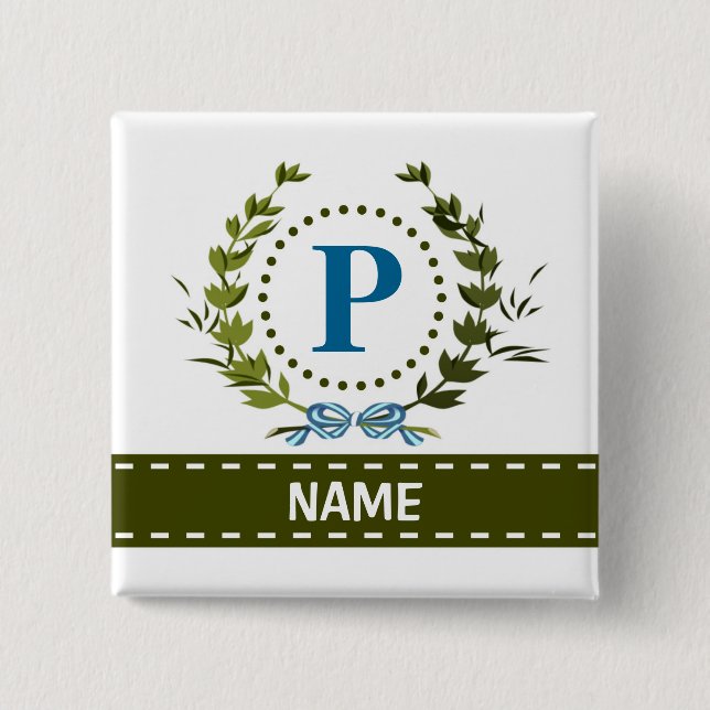 Bóton Quadrado 5.08cm Delicar Ivy Wreath e o nome do Arco com Monograma  (Frente)