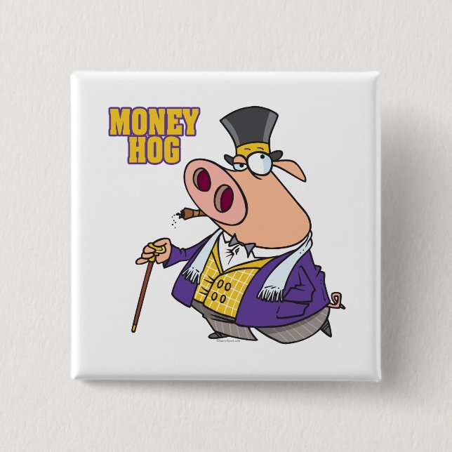Bóton Quadrado 5.08cm desenho animado de porco rico e engraçado (Frente)