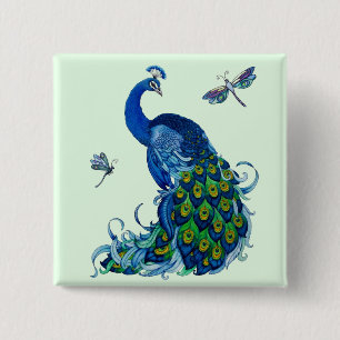 Bóton Quadrado 5.08cm Design Clássico de Peacock e Dragonfly