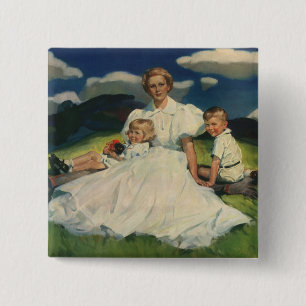 Bóton Quadrado 5.08cm Dia das Mães Vintage, Mãe com Filhos
