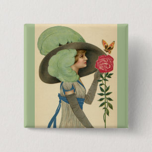 Bóton Quadrado 5.08cm Dia de os namorados Vintage, Borboleta Rosa vermel