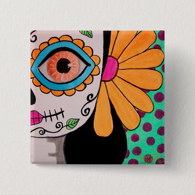 Bóton Quadrado 5.08cm Dia do botão da catrina morta (Frente)