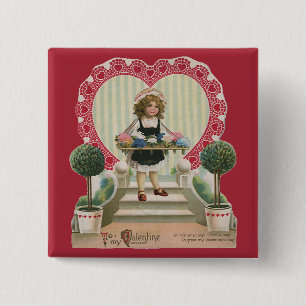 Bóton Quadrado 5.08cm Dia dos Namorados Fofo Vintage, Menina com Flores