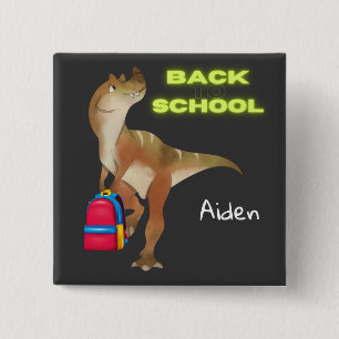 Bóton Quadrado 5.08cm Dinossauro amigável com mochila "Voltar à escola" 