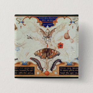 Bóton Quadrado 5.08cm Diptych com flores e insetos, 1591