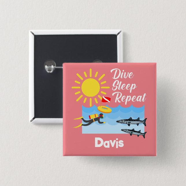 Bóton Quadrado 5.08cm Dive Sleep Repeat Design - Botão Quadrado (Frente & Verso)