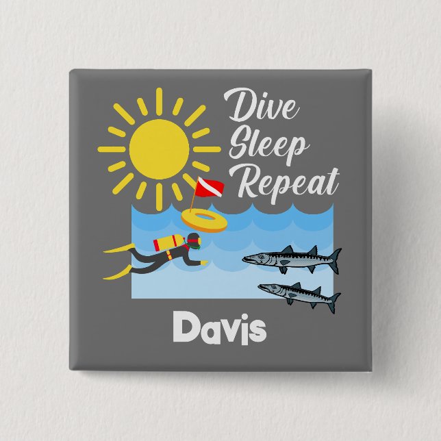 Bóton Quadrado 5.08cm Dive Sleep Repeat Design - Botão Quadrado (Frente)