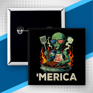 Bóton Quadrado 5.08cm Divertido ’Merica Alien Churrasco Grelhando Patrió