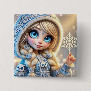 Bóton Quadrado 5.08cm Donzela de Neve Com Floco de Neve Brilhante