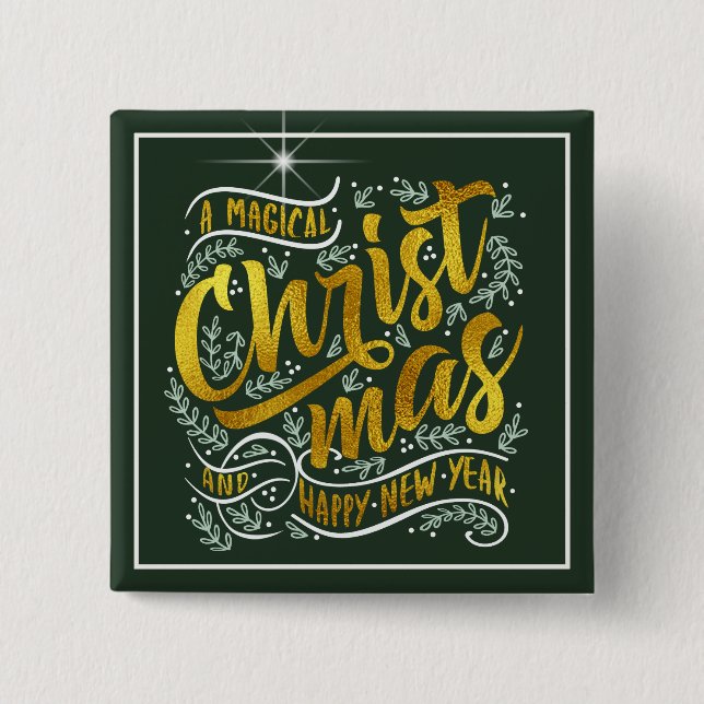 Bóton Quadrado 5.08cm Dourada Tipografia de Natal Mágico ID441 (Frente)
