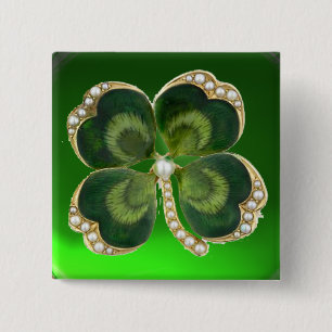 Bóton Quadrado 5.08cm Dourado Saint Patrick Shamrock Jewel com Pérolas