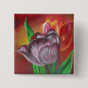Bóton Quadrado 5.08cm Duas Tulipas Contra Fundo Vermelho