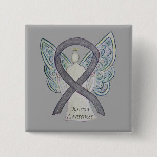 Bóton Quadrado 5.08cm Dyslexia Silver Sensibilização Ribbon Angel Pin 