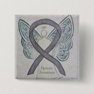 Bóton Quadrado 5.08cm Dyslexia Silver Sensibilização Ribbon Angel Pin