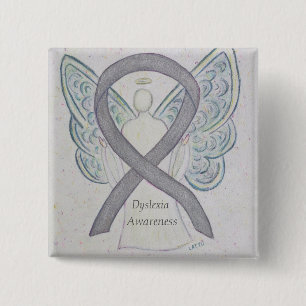 Bóton Quadrado 5.08cm Dyslexia Silver Sensibilização Ribbon Angel Pin Pe