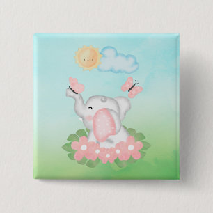 Bóton Quadrado 5.08cm Elefante de Bebê Bonito com flores cor-de-rosa 