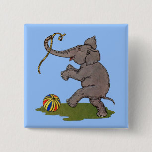 Bóton Quadrado 5.08cm elefante feliz brincando com corda e bola