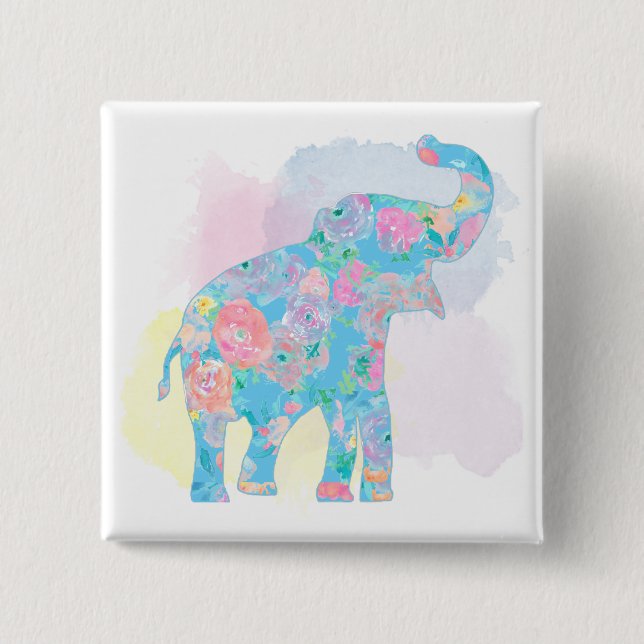 Bóton Quadrado 5.08cm elefante floral de aquarela (Frente)