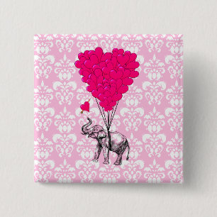 Bóton Quadrado 5.08cm Elefante fofo engraçado & damasco rosa