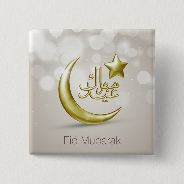 Bóton Quadrado 5.08cm Elegante Eid Mubarak Dourada Moon Star - Botão (Frente)