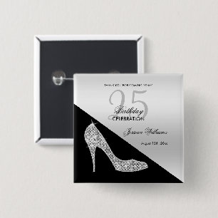Bóton Quadrado 5.08cm Elegante Sequin Stiletto, Silver & Black Birthday