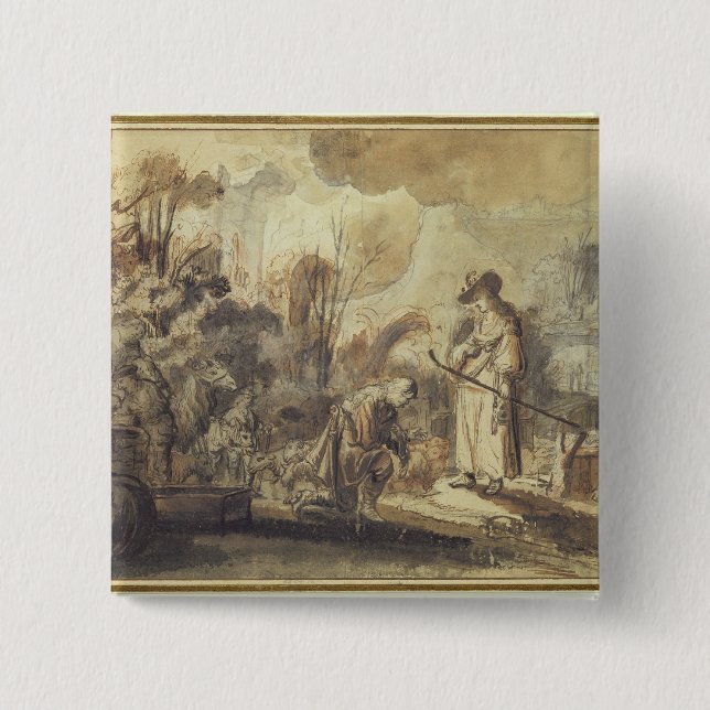 Bóton Quadrado 5.08cm Eliezer e Rebecca no poço (Frente)