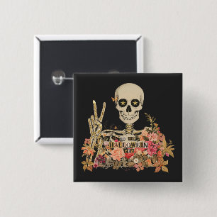 Bóton Quadrado 5.08cm Em Minha Era de Halloween Floral Esqueleto Botão d