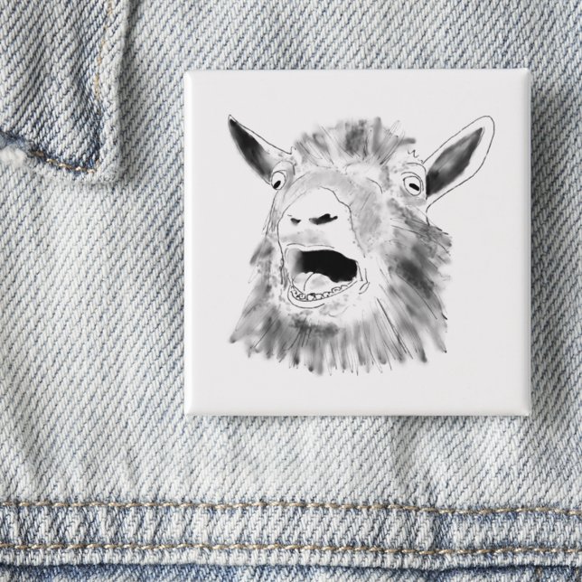 Bóton Quadrado 5.08cm Engraçado Gato Chorando Arte Animal Quirky (Funny screaming goat drawing button simple black and white farm animal art)